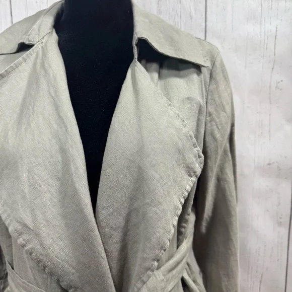 Cynthia Rowley 100% Linen Trench Coat Green Belted Size S Minimalist Lightweight - Picture 5 of 14
